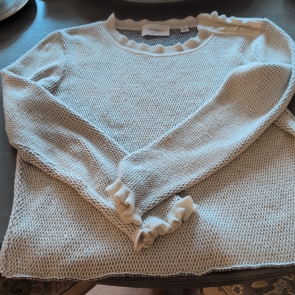 Ecru Crew Neck Sweater Fine Knit- Merino Wool Blend- Made in Spain